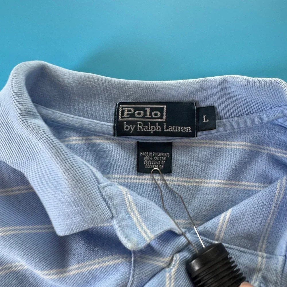 Polo Ralph Lauren Mens Large Blue White Striped Short Sleeve Pique Polo Shirt
